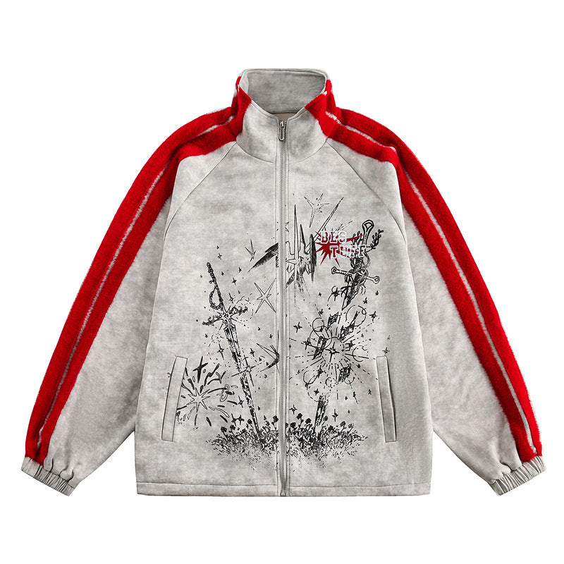 Vintage Distressed Suede Jacket with Contrast Panels and Striped Webbing – Hip-Hop Style