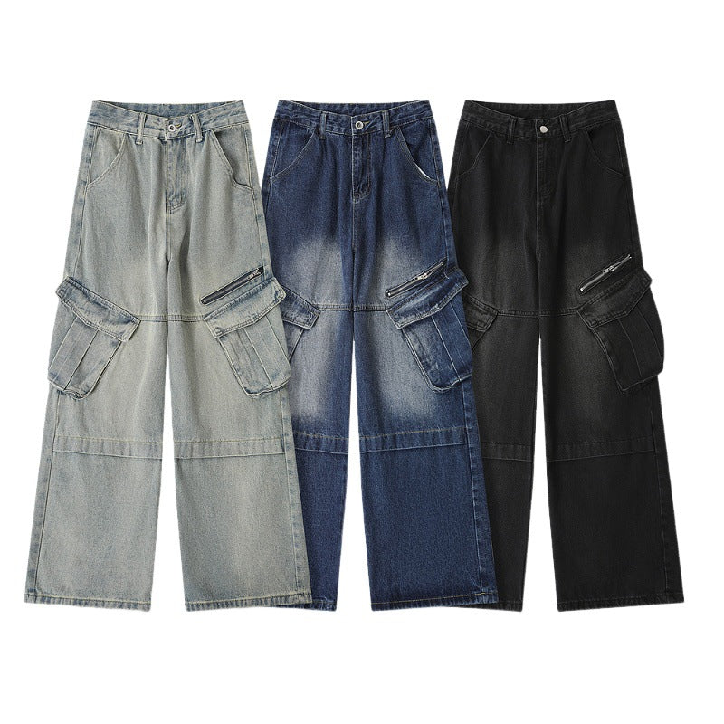 Vintage Washed Multi-pocket Utility Jeans