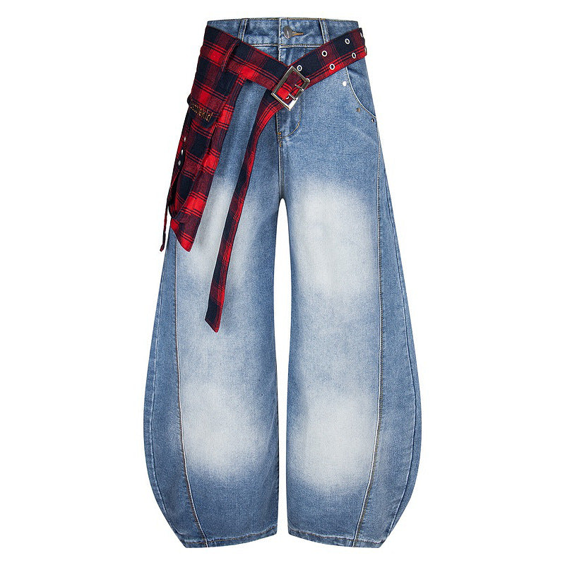 Plaid Patchwork Deconstructed Washed Knife-Cut Jeans