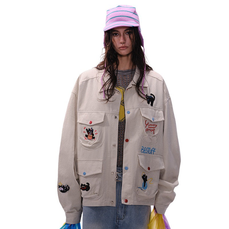 Vintage Cat Embroidered Denim Jacket