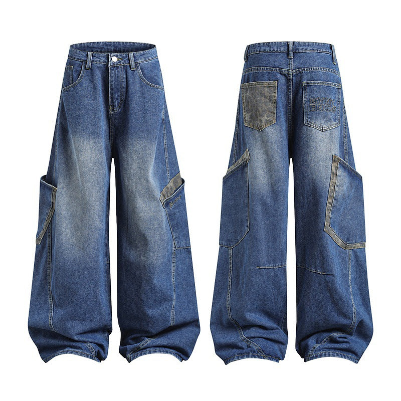 Loose Blade-Cut High Street Denim Pants with Multi-Pocket Design