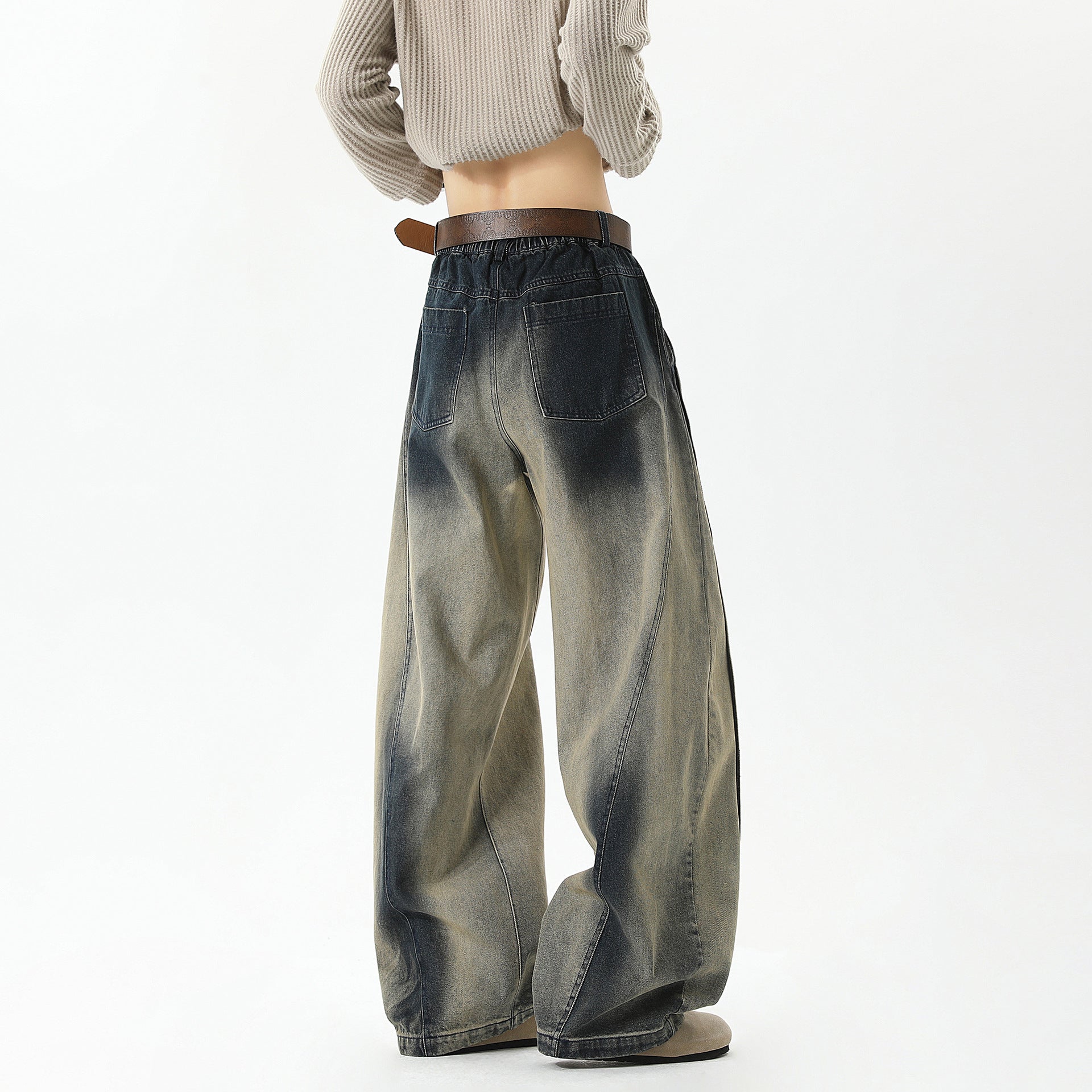 Washed Vintage Wide-Leg Jeans with Knife Cut Design