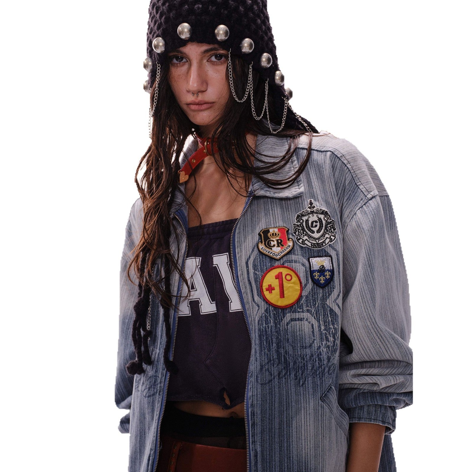 Vintage Denim Varsity Jacket with Badge Detail