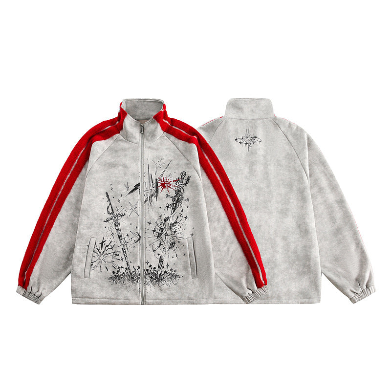 Vintage Distressed Suede Jacket with Contrast Panels and Striped Webbing – Hip-Hop Style