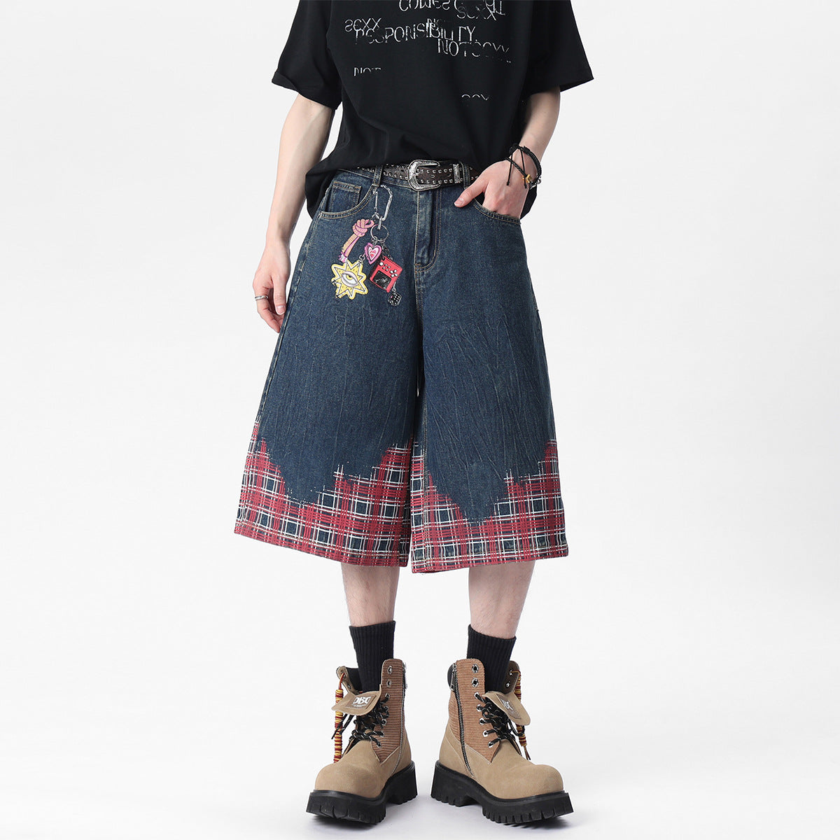 Distressed Plaid Patchwork Vintage Denim Shorts