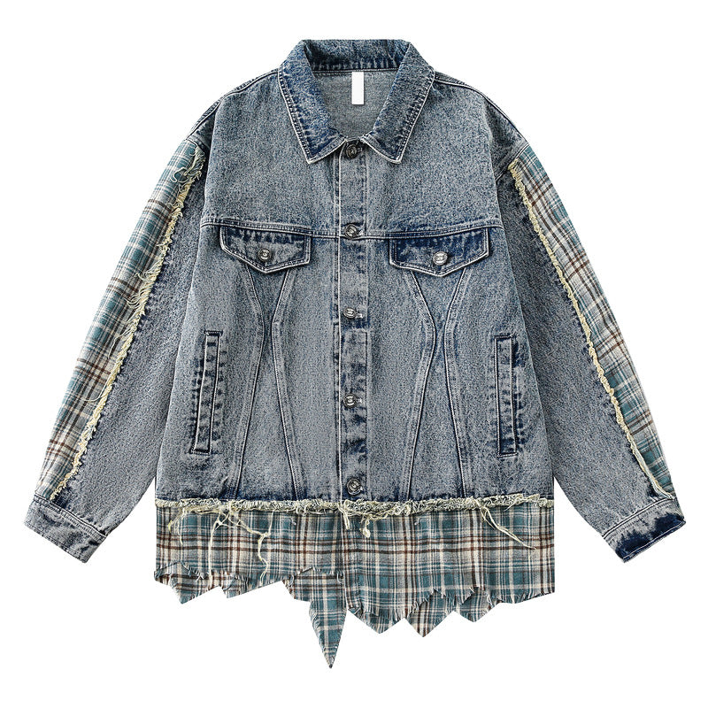 Vintage Plaid Denim Jacket with Distressed Hem and Contrast Stitching