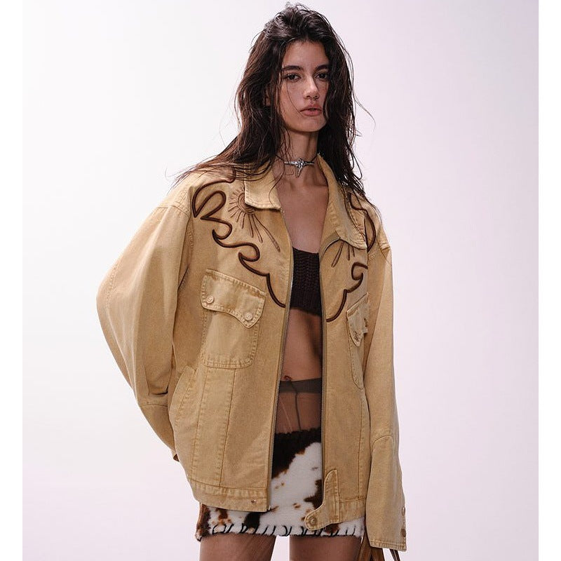 Retro Embroidery Tide Yellow Mud Washed Jacket