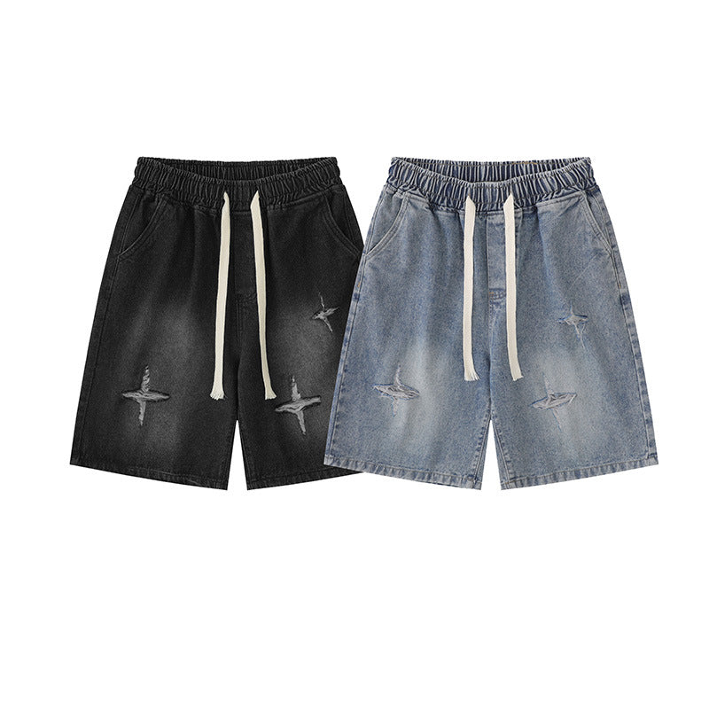 Vintage Distressed Whisker-Wash Denim Shorts