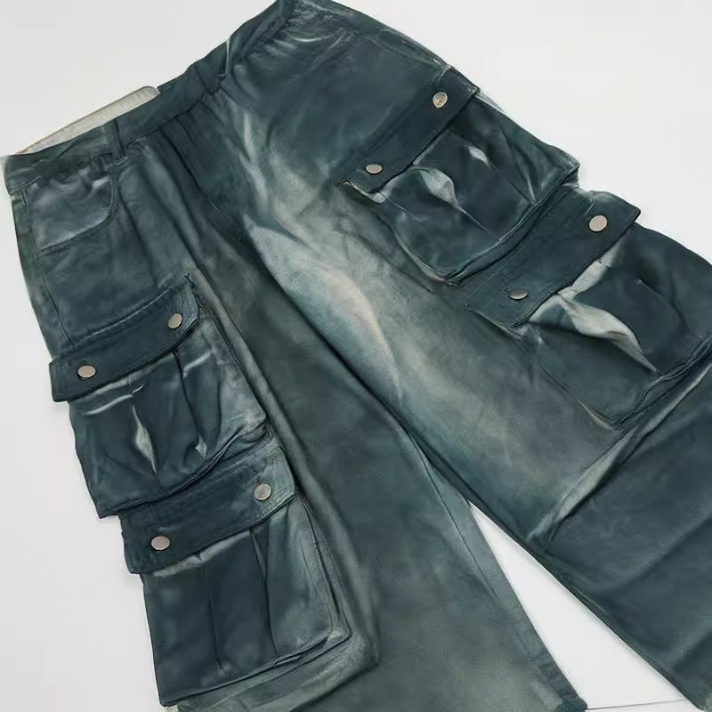 Vintage Tie-Dye Multi-Pocket Workwear Jeans