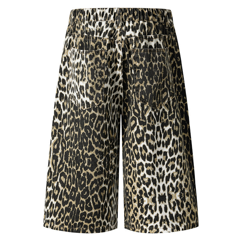 Vintage Leopard Print Loose Fit Denim Shorts