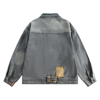 Vintage Loose Fit Work Jacket with Denim Patchwork