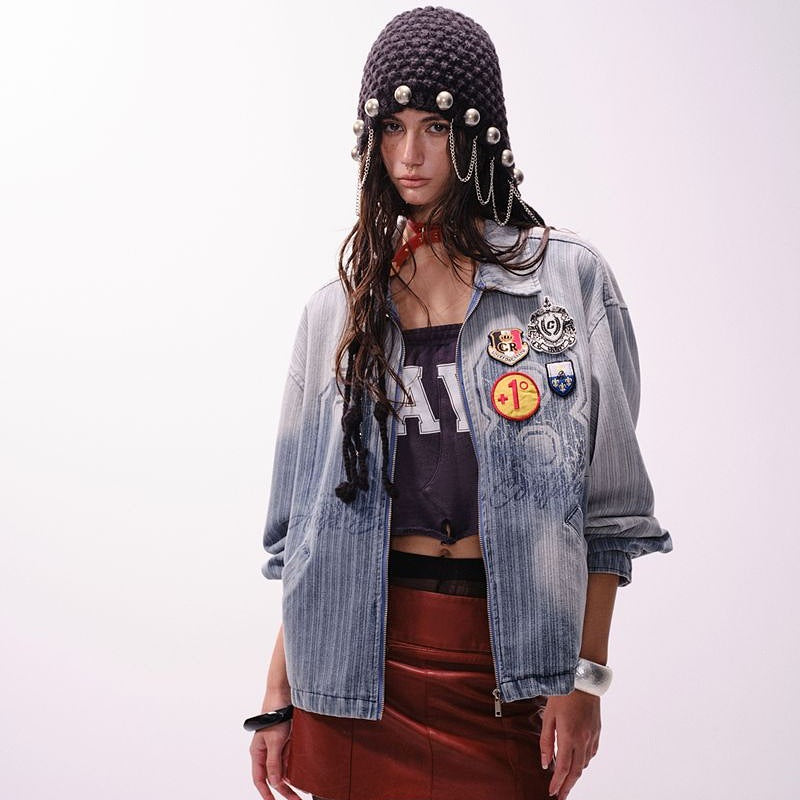 Vintage Denim Varsity Jacket with Badge Detail