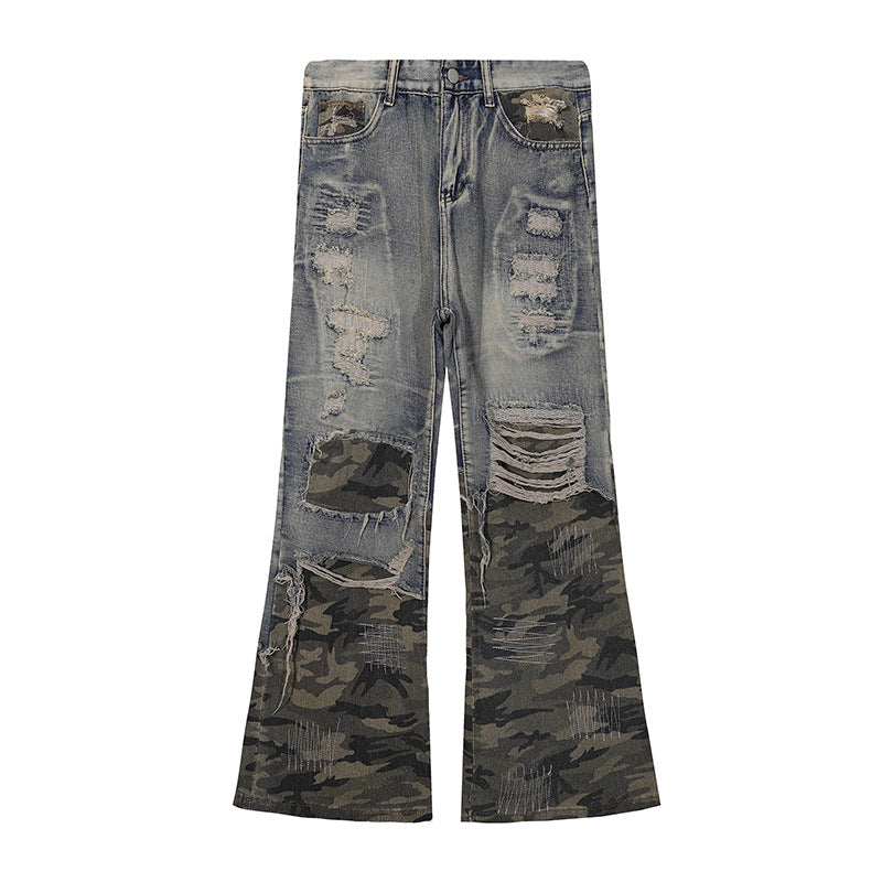 Vintage Camouflage Patchwork Flared Denim Pants – Oversized Distressed Style