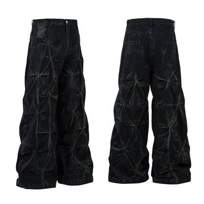 Wrinkled Wax-Coated Distressed Denim Pants with Hand Stitching