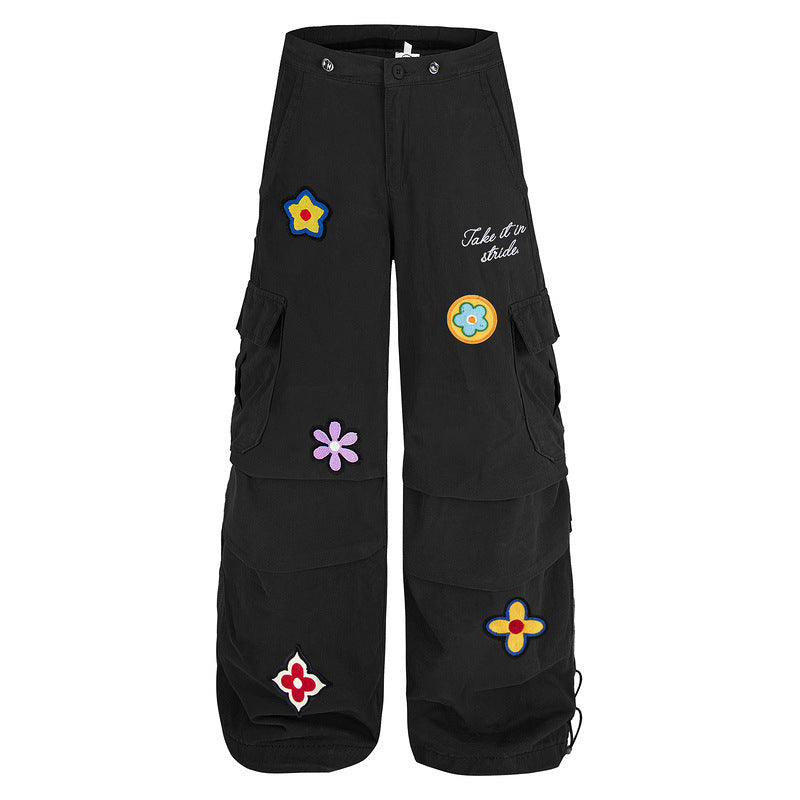 Retro Straight-Leg Cargo Pants with Floral Embroidery
