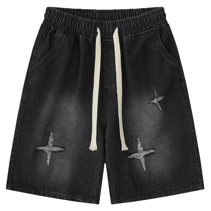 Vintage Distressed Whisker-Wash Denim Shorts