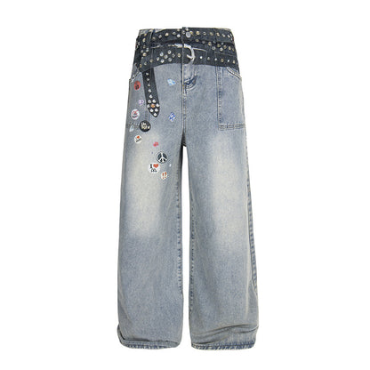 Low-Rise Badge Detail Wide-Leg Jeans