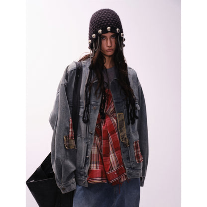 Vintage Loose Fit Work Jacket with Denim Patchwork