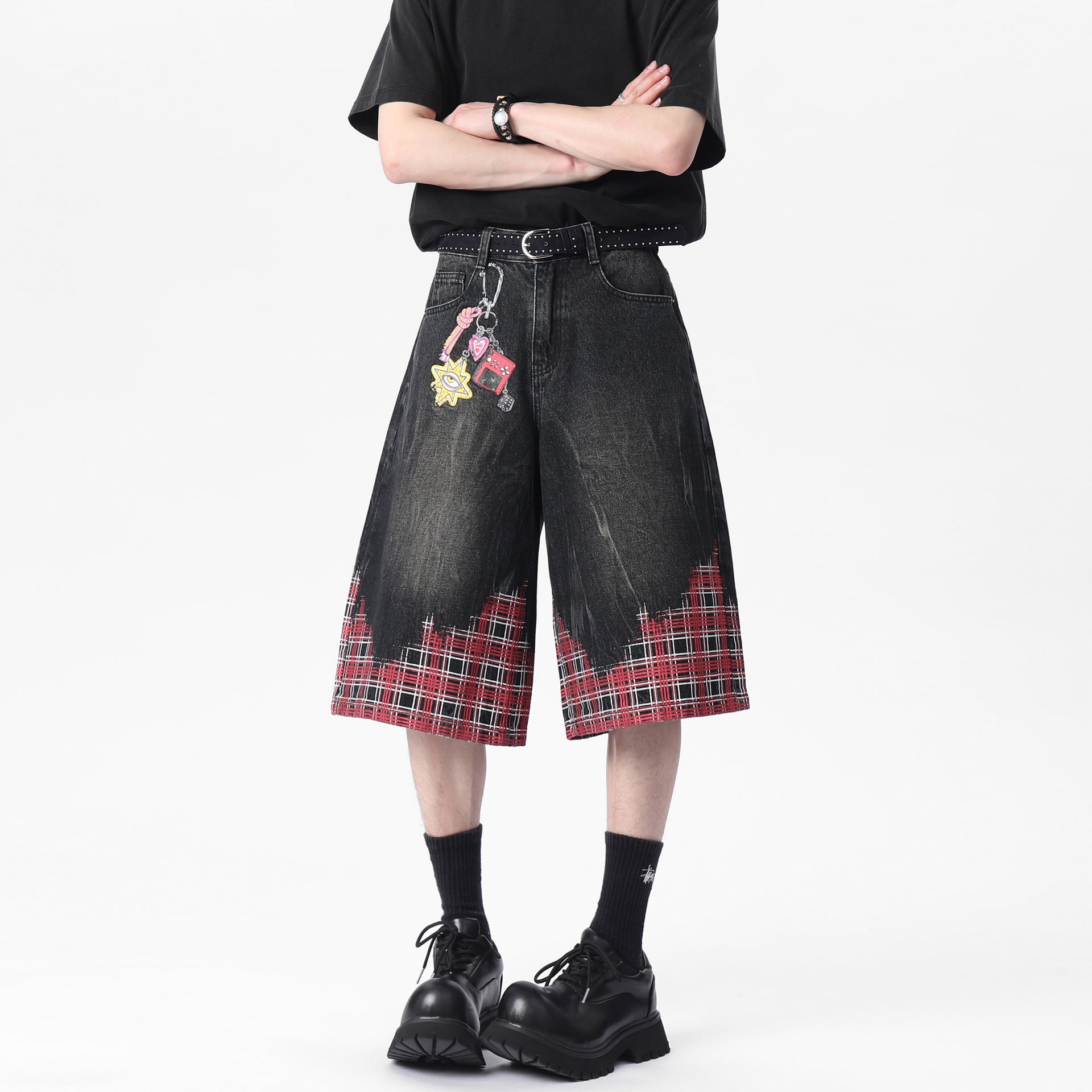 Distressed Plaid Patchwork Vintage Denim Shorts