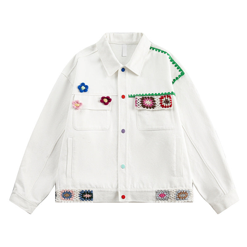 Retro College Patchwork Embroidery Jacket with Handmade Crochet Floral Decor