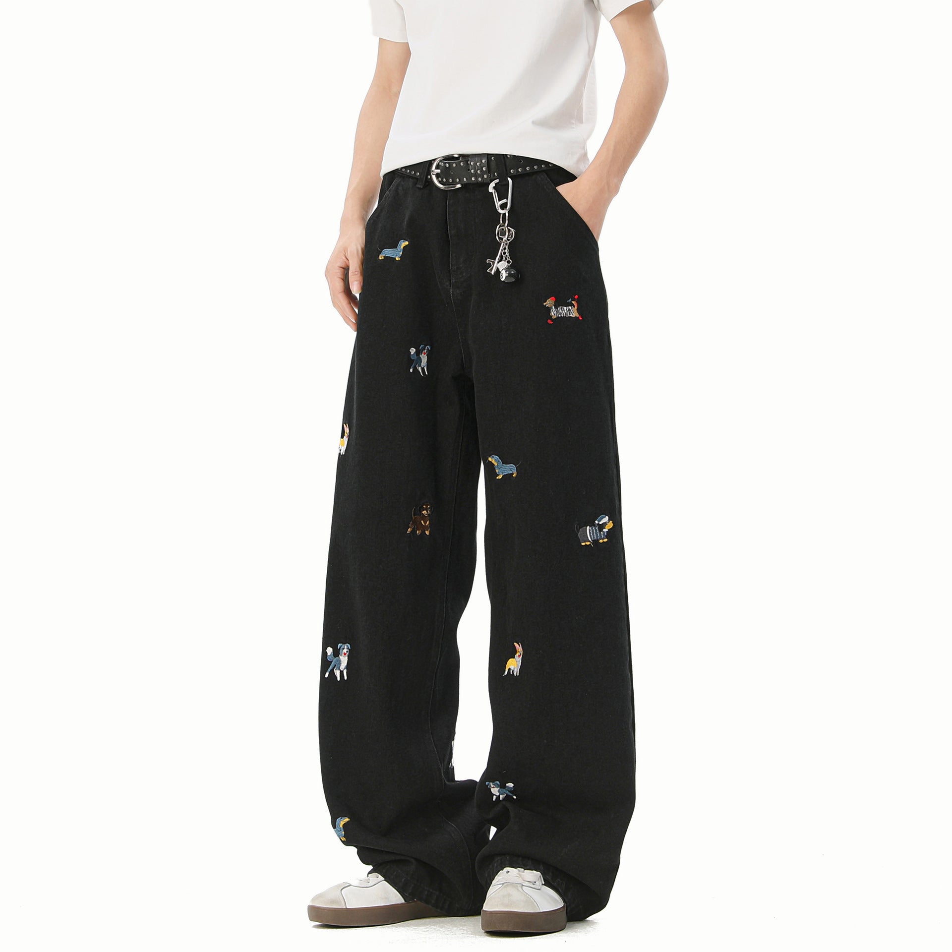 Embroidered Dog Line Art Flared Blade Jeans