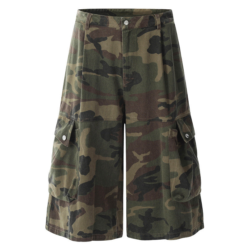 Wide-Leg Camouflage Utility Cargo Shorts