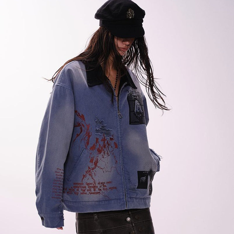 Vintage Graffiti Ripped Denim Jacket – Hip-Hop Style
