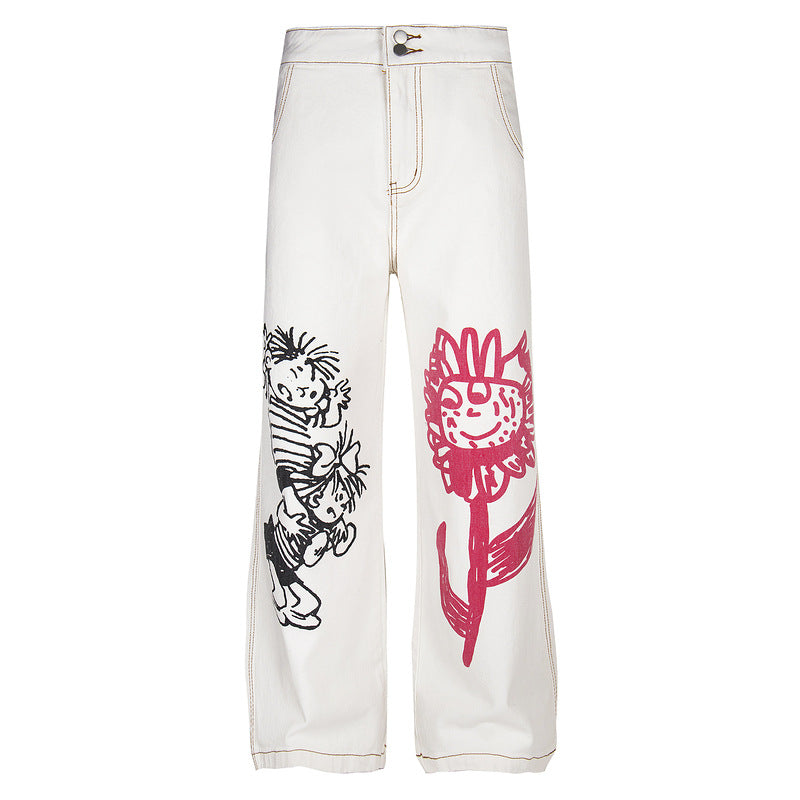 Cartoon Print Loose Straight-Leg Jeans