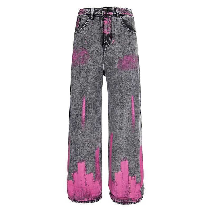 Pink Spray Paint Hip-Hop Vintage Denim Pants