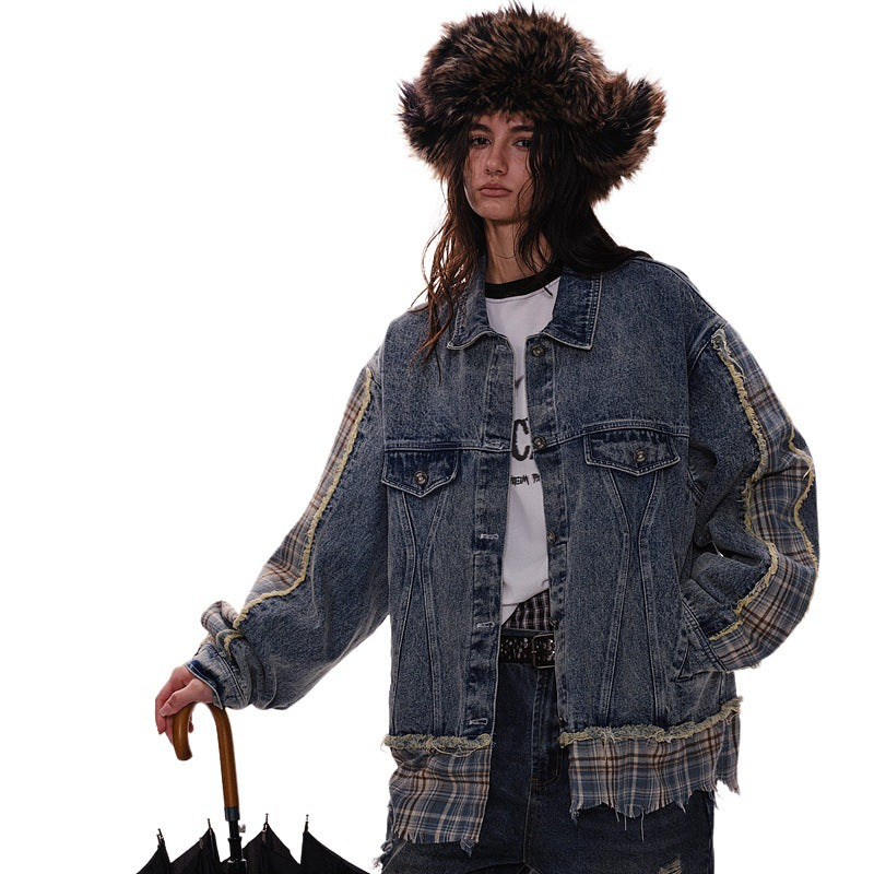 Vintage Plaid Denim Jacket with Distressed Hem and Contrast Stitching