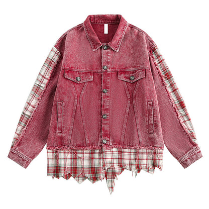 Vintage Plaid Denim Jacket with Distressed Hem and Contrast Stitching