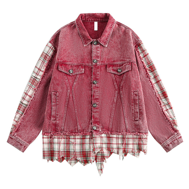 Vintage Plaid Denim Jacket with Distressed Hem and Contrast Stitching