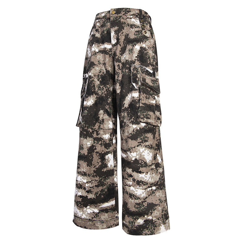 Vintage Camouflage Multi-Pocket Cargo Jeans with Elastic Waist