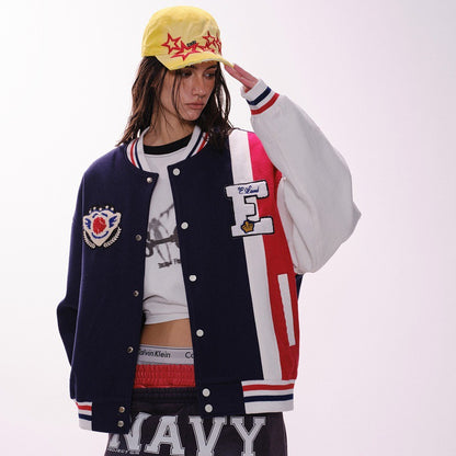 Retro College-Style Baseball Jacket with Suede Colorblock Splicing
