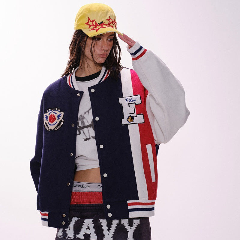 Retro College-Style Baseball Jacket with Suede Colorblock Splicing