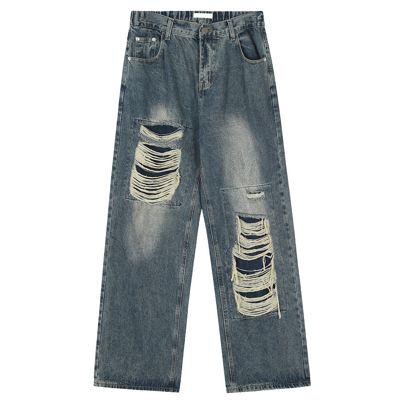 American Street Loose Wide-Leg Ripped Patchwork Jeans