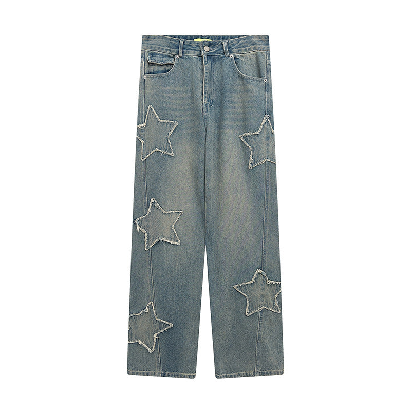 Retro Hip-Hop Varsity Star Patchwork Jeans