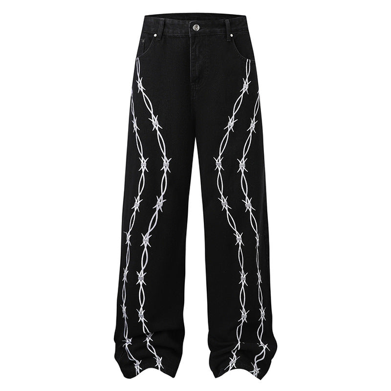 Embroidered Vibe-Style Wide-Leg Denim Pants