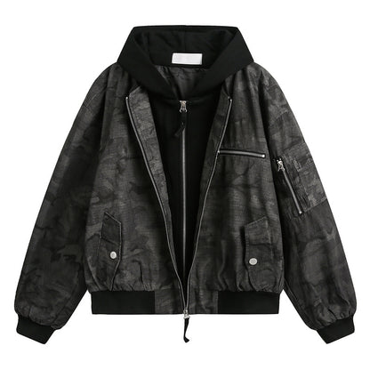 Retro Camo Loose Hooded Jacket – Fake Two-Piece Design