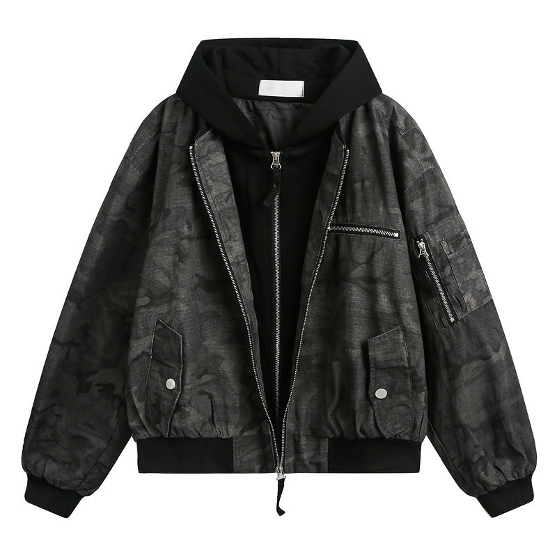 Retro Camo Loose Hooded Jacket – Fake Two-Piece Design