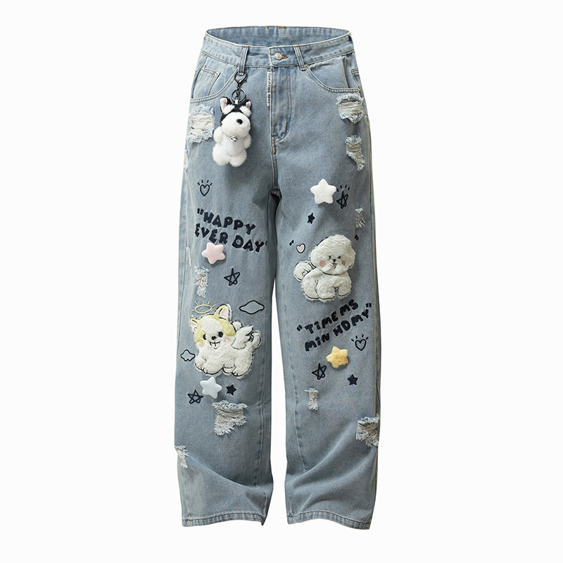 Flocked Puppy Patch Ripped Straight-Leg Jeans