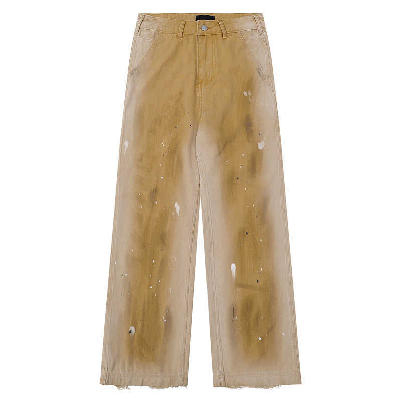 Splatter Wash Loose Straight-Leg Utility Jeans