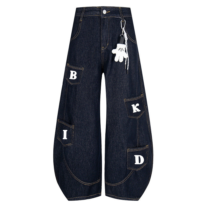 Vintage Wide-Leg Embroidered Jeans with Multi-Pockets