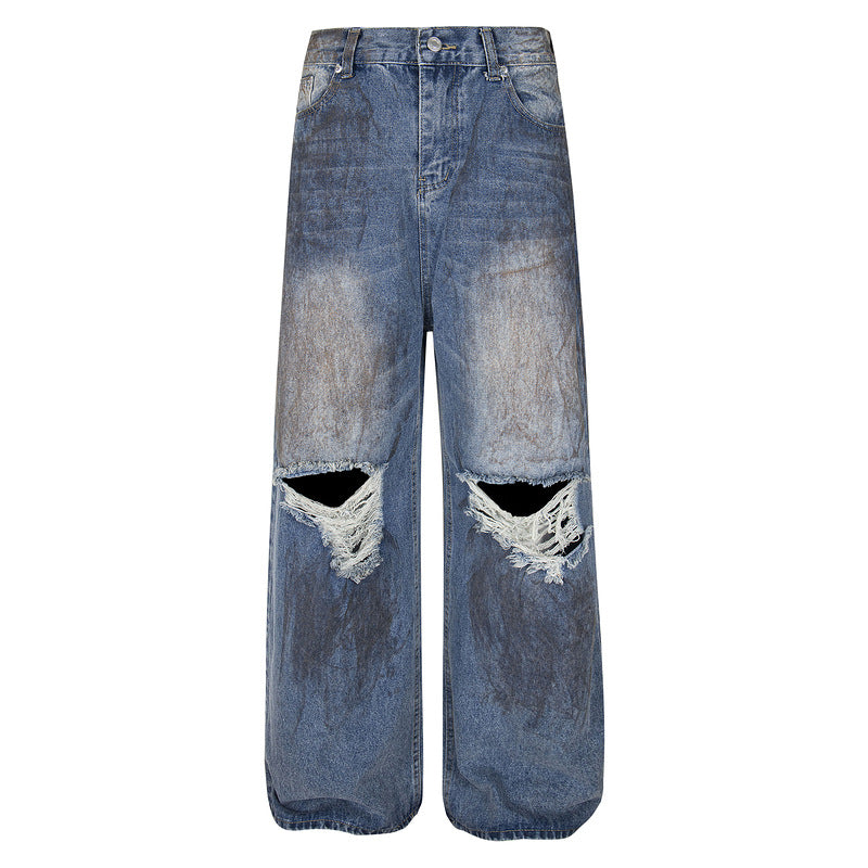 Vintage Low-Waist Distressed Wide-Leg Jeans – Loose Straight Hem Pants