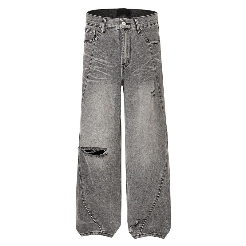 Vintage Washed Distressed Hip-Hop Loose Straight-Leg Jeans