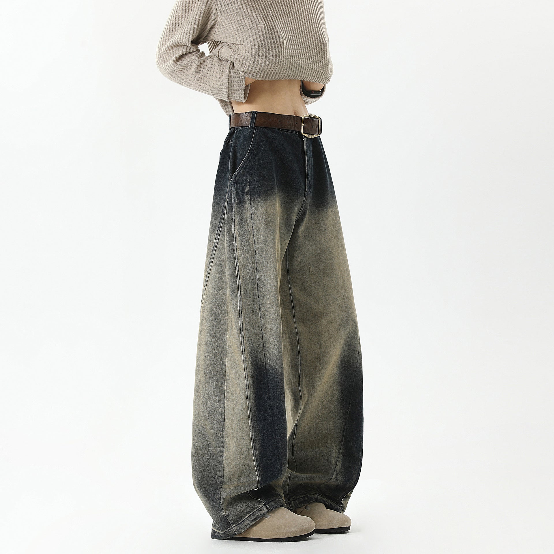 Washed Vintage Wide-Leg Jeans with Knife Cut Design