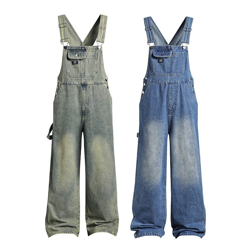 Vintage Washed Denim Overalls with Wide Leg