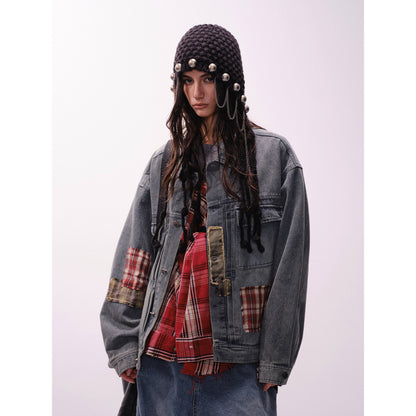 Vintage Loose Fit Work Jacket with Denim Patchwork