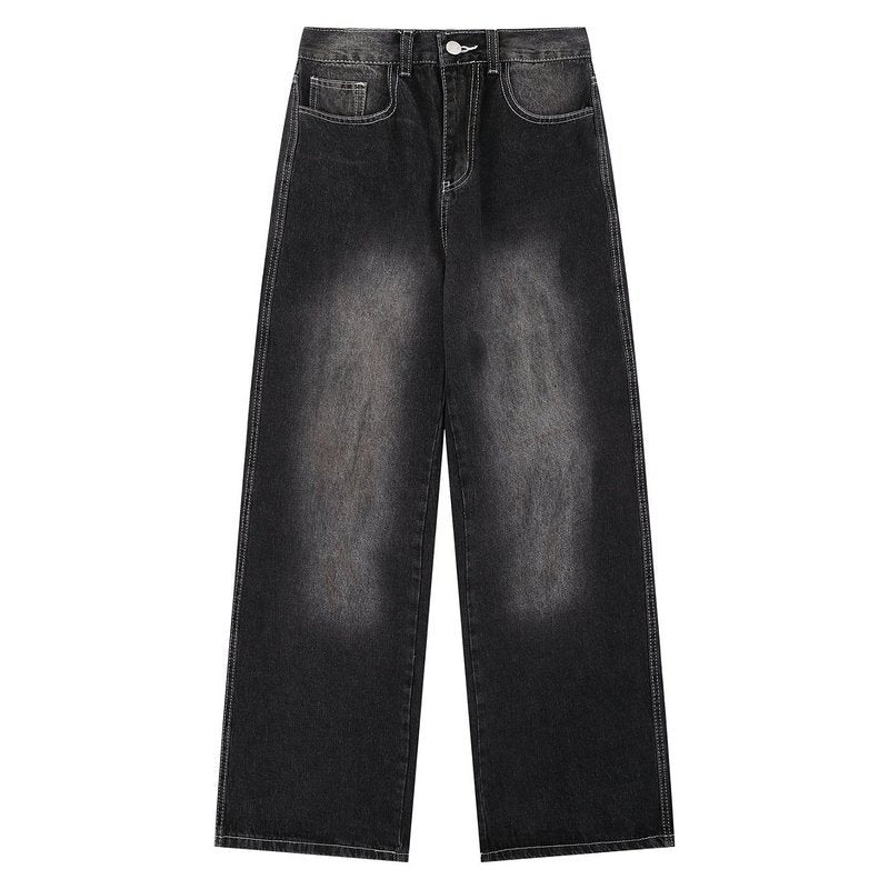 Vintage Washed Straight-Leg Jeans with Draped Wide-Leg Fit