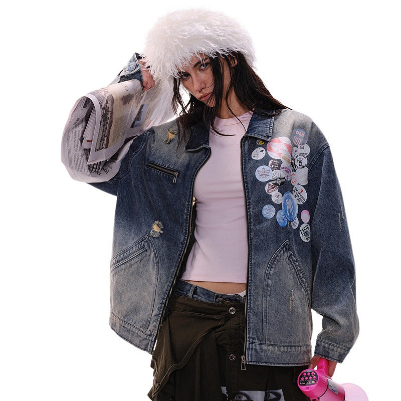 Vintage Gradient-Washed Distressed Denim Jacket with Badge Print